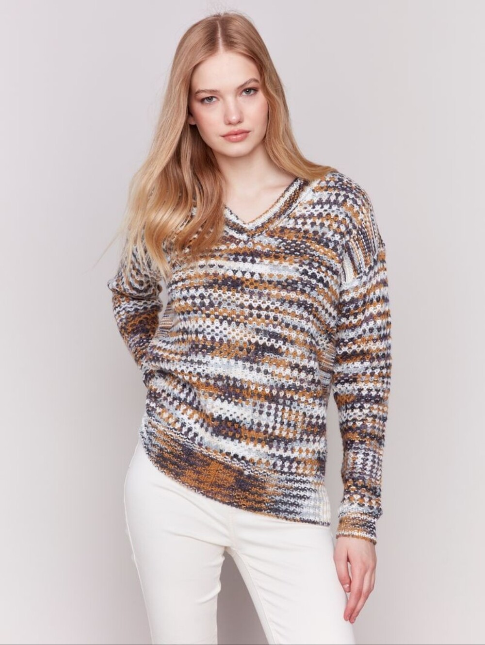 Charlie B Space Dye Vneck Sweater Chunky Knit Relaxed Tunic Womens Size Large